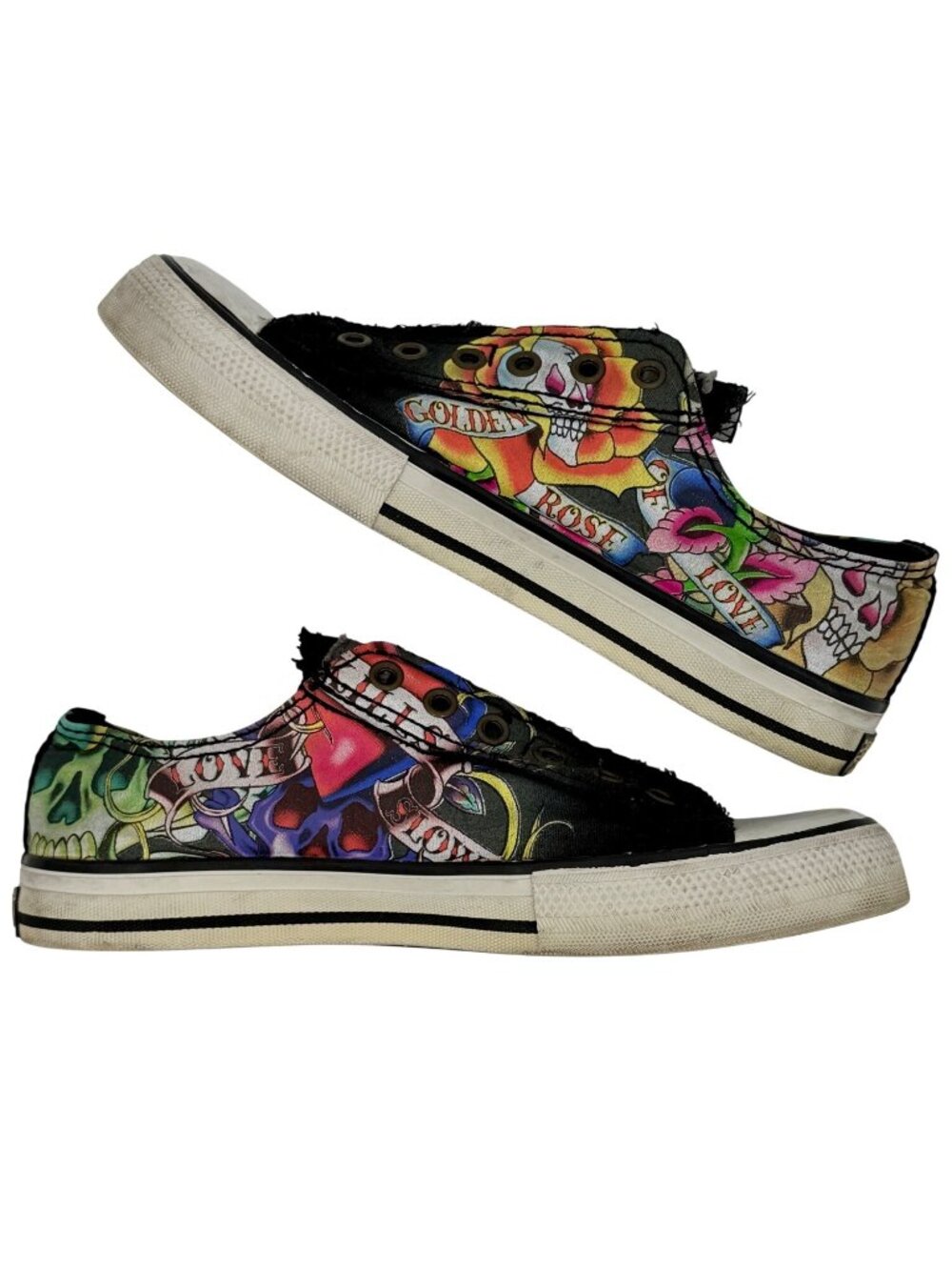 VTG Ed Hardy Black Tattoo Print Canvas Sneakers 8 | Y2K Skater Grunge Streetwear